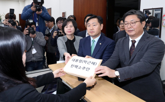 더불어민주당 이춘석 탄핵추진실무단장(오른쪽부터), 국민의당 김관영 탄핵추진단장, 정의당 이정미 탄핵추진단장이 3일 새벽 국회 의안과에 '박근혜 대통령 탄핵소추안'을 제출하고 있다. 탄핵소추안은 모두 171명의 의원이 참여했다. 민주당 121명, 국민의당 38명, 정의당 6명, 무소속 6명이 참여했다.